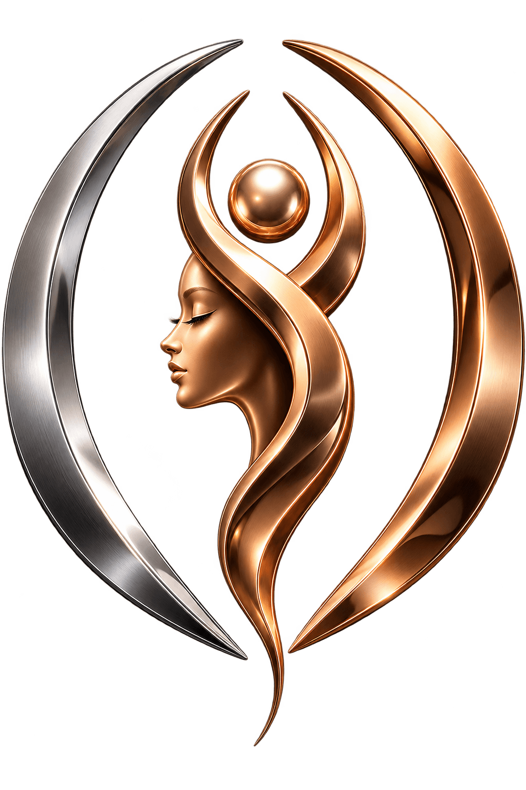 Stylized bronze woman's profile integrated into flowing curves, framed by silver and copper crescents.